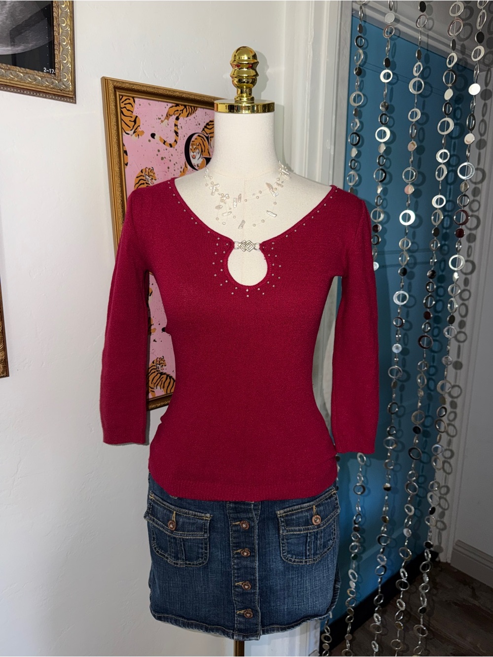 Vintage Y2K Cache Fitted Jewel-Accent Scoop Keyhole Sweater - Berry